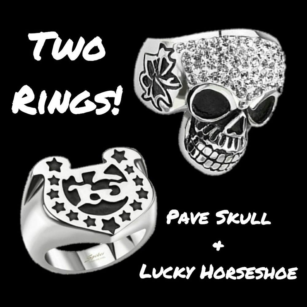 Two Wide Cast Skull & Lucky Horseshoe Rings